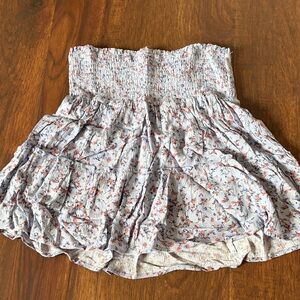Hippie Rose Light Blue Smocked Mini Skirt with Coral Floral Print